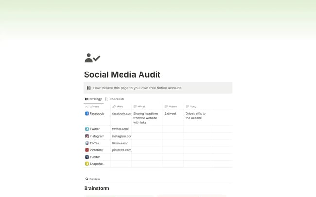 notion offers a simple social media audit template online